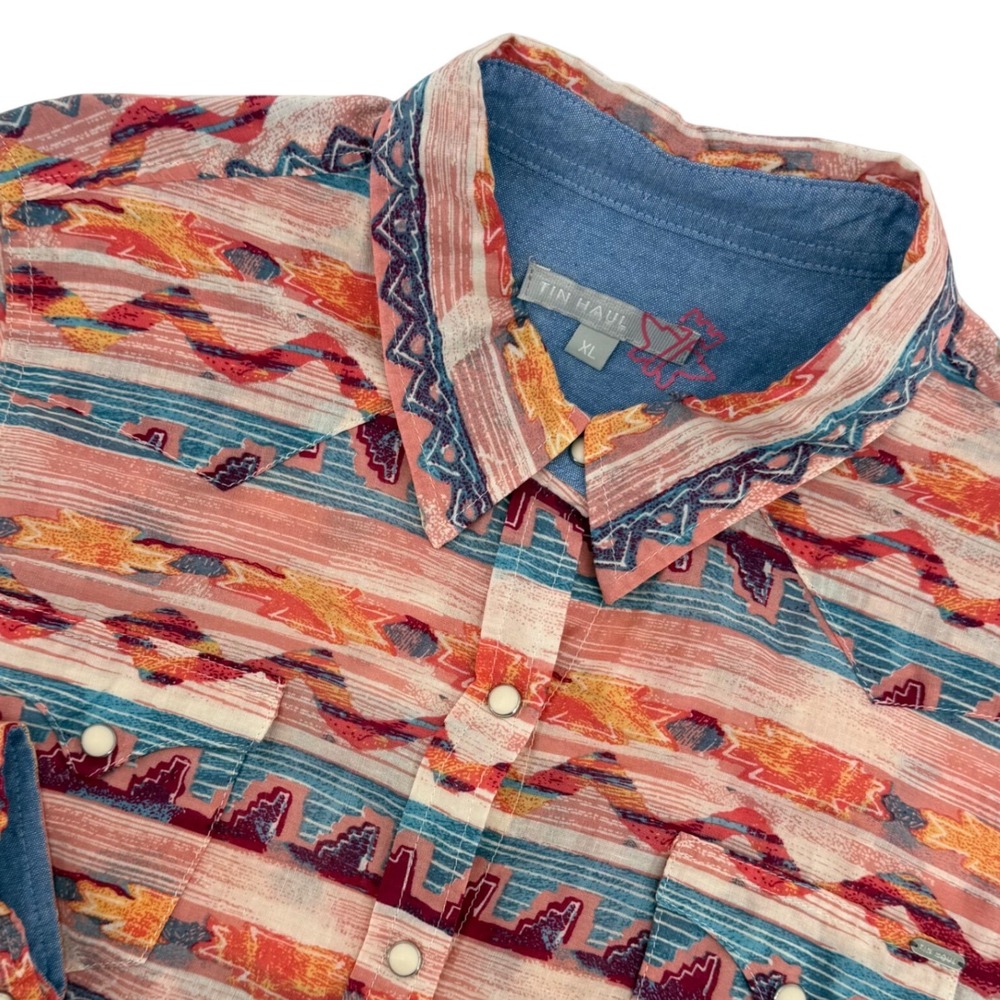 Tin Haul Western Shirt Womens XL Coral Blue Southwestern Style Pearl Snap Front